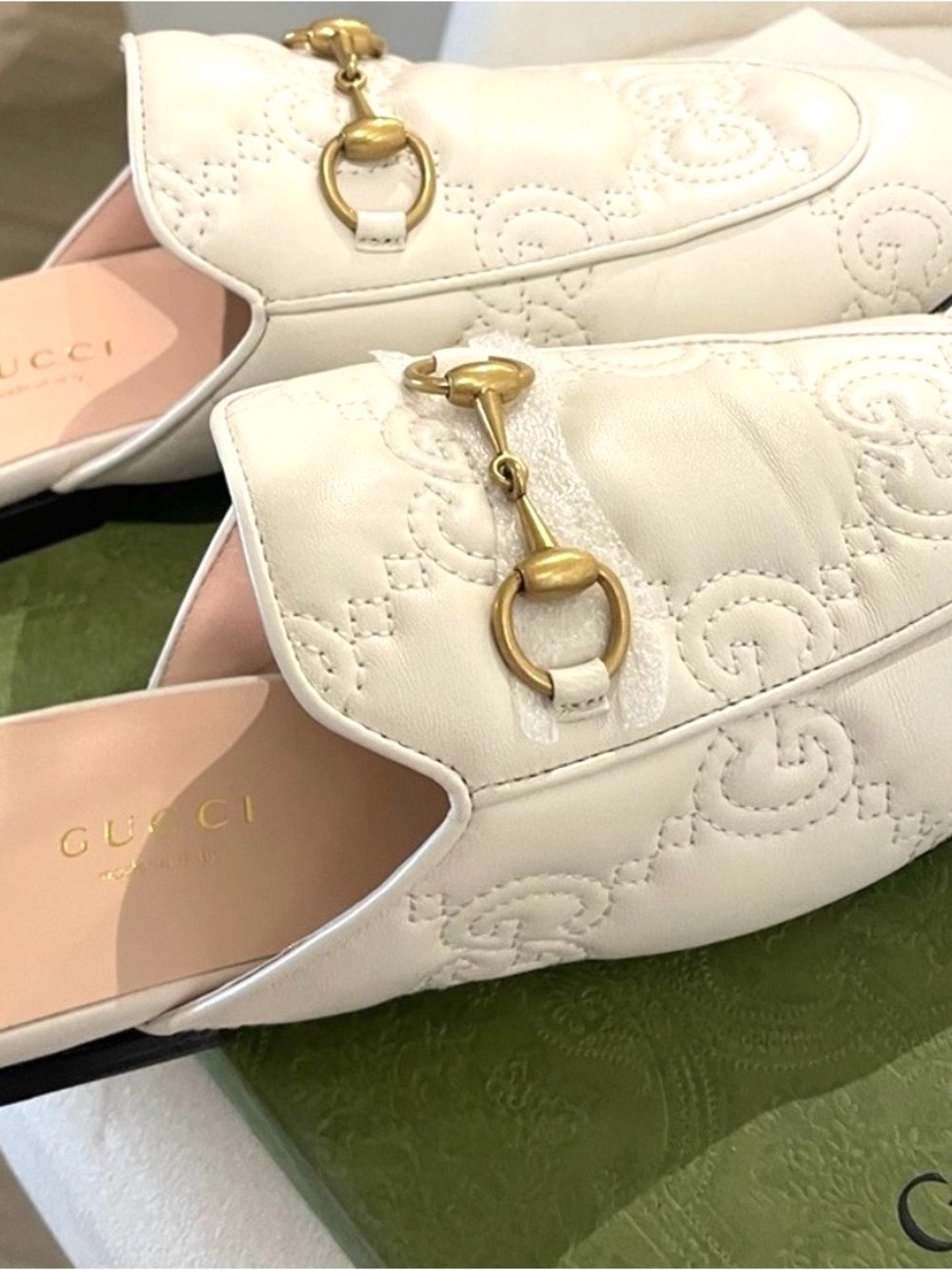Gucci Cream Leather Horsebit Quilted Mule